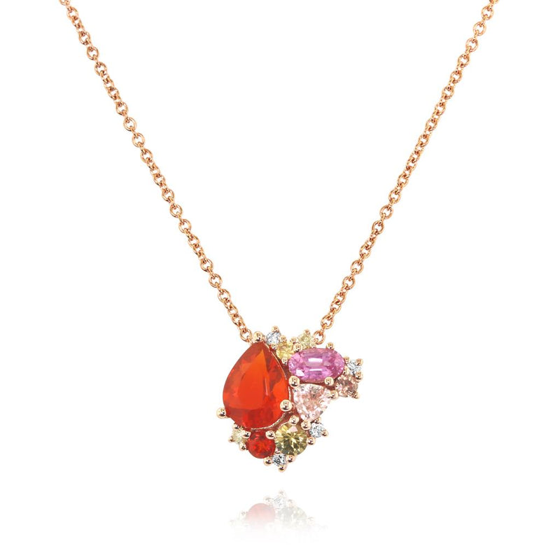 Yael Designs 14k Rose Gold Tesserae Fire Opal and Sapphire Pendant Necklace