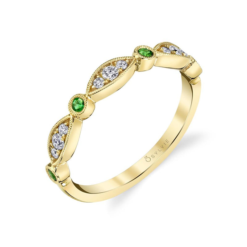 Sylvie 14k Yellow Gold Vintage-Inspired Stackable Emerald and Diamond Band with Milgrain Detail