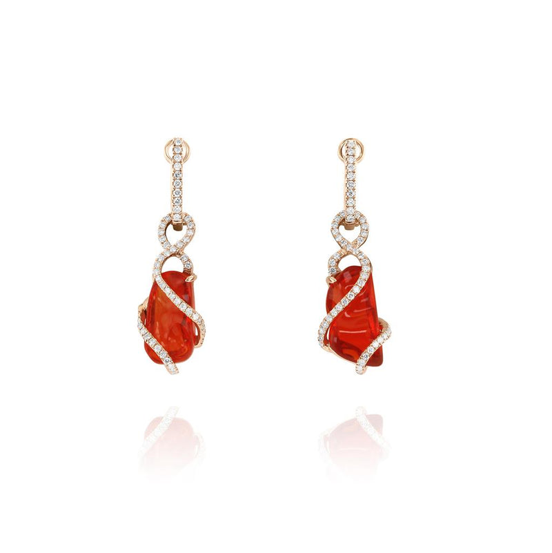 Yael Designs 18k Rose Gold Fire Opal and Diamond Dangle Earrings