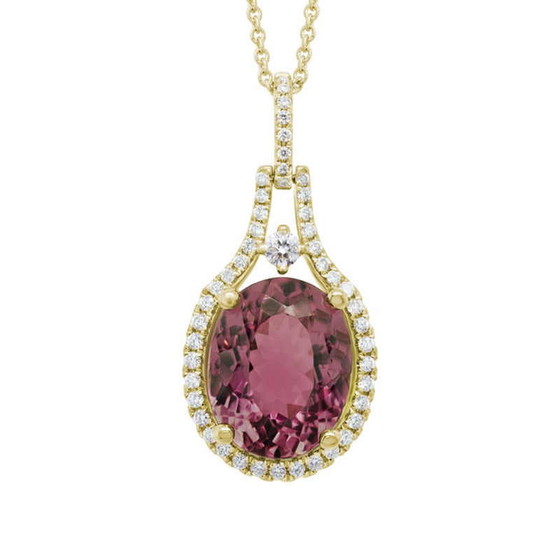 Davis Classics 14k Yellow Gold Halo Design Pink Tourmaline and Diamond Drop Pendant Necklace