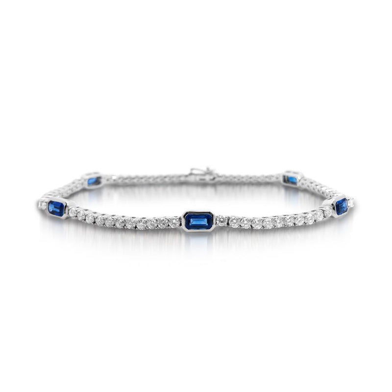 Madison L 14k White Gold Station Style Diamond and Blue Sapphire Tennis Bracelet