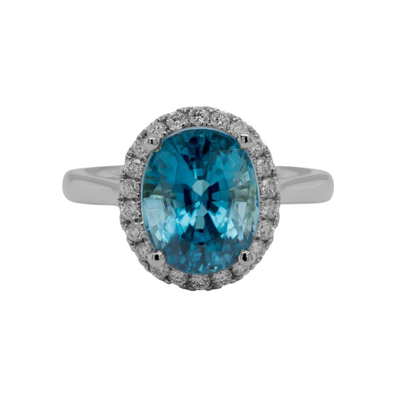 Davis Classics Blue Zircon and Diamonds Halo Fashion Ring in 14k White Gold