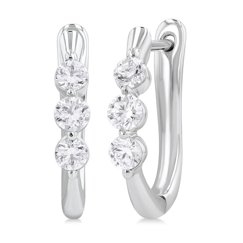 Davis Classics 14k White Gold Three Stone Diamond Hoop Earrings