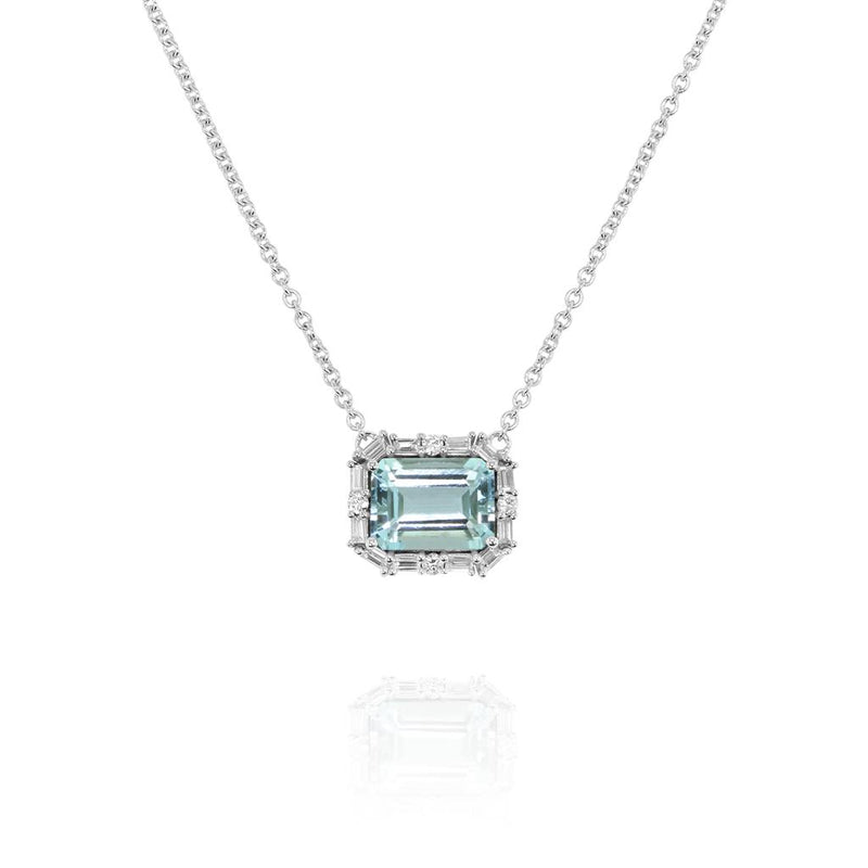 Yael Designs 18k White Gold Halo Aquamarine Pendant Necklace