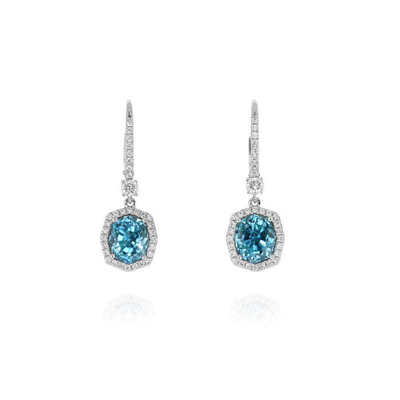 Yael Designs 14k White Gold Blue Zircon and Diamond Halo Drop Earrings