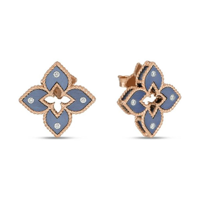 Roberto Coin 18k Rose Gold Venetian Princess Collection Blue Titanium Floral Stud Earrings