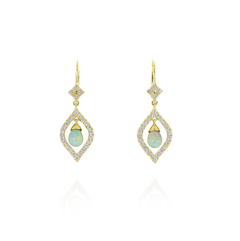 Yael Designs 18k Yellow Gold Open Halo Ethiopian White Opal Dangle Earrings