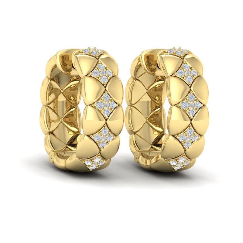 Vlora 14k Yellow Gold Estrella Collection Floral Quilt Motif Barrel Hoop Diamond Earrings