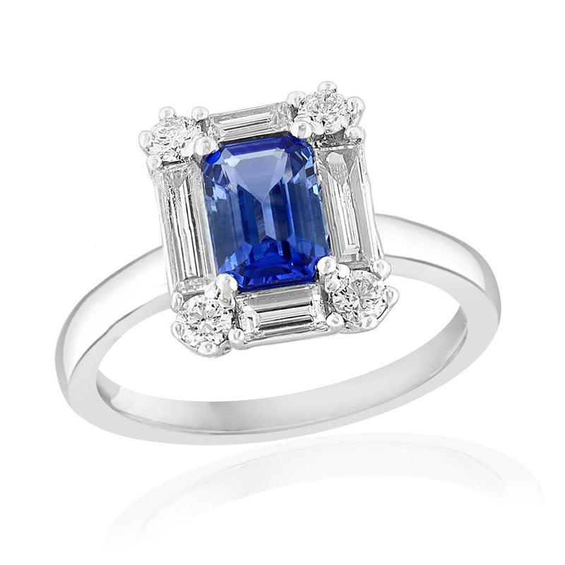 Davis Classics 14k White Gold Ceylon Blue Sapphire and Diamond Halo Fashion Ring