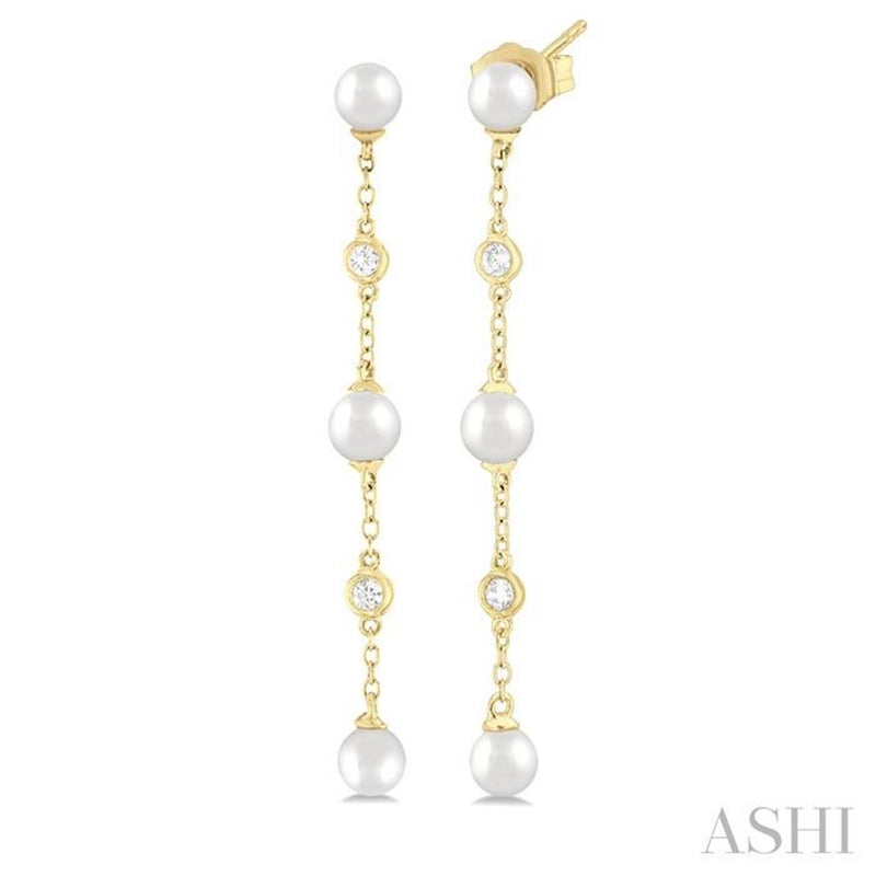 Davis Classics 14k Yellow Gold Pearl and Diamond Dangle Earrings