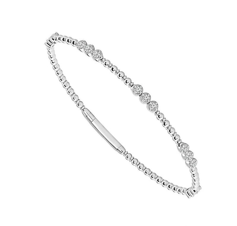 Davis Classics 14k White Gold and Titanium Flexie Beaded Diamond Station Bangle Bracelet