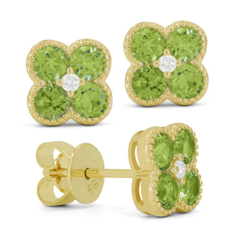 Madison L 14k Yellow Gold Clover Design Peridot Stud Earrings with Milgrain Detail