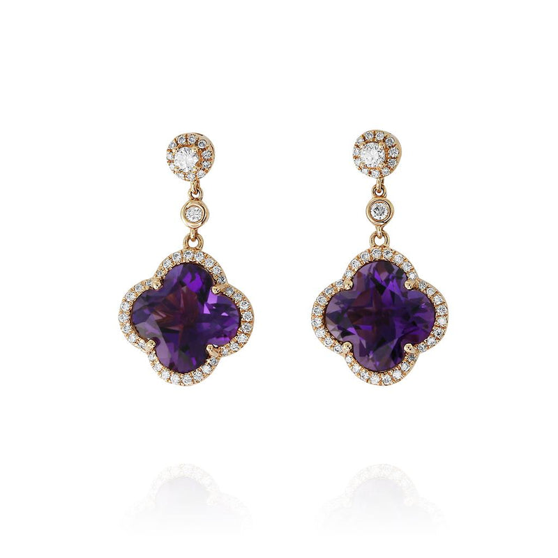 Yael Designs 18k Rose Gold Borealis Collection Amethyst and Diamond Halo Drop Earrings