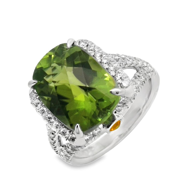 Charles Krypell 18k White Gold Peridot, Yellow Sapphire, and Diamond Halo Ring