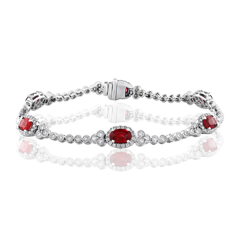 Davis Classics 14k White Gold Ruby and Diamond Halo Station Bracelet