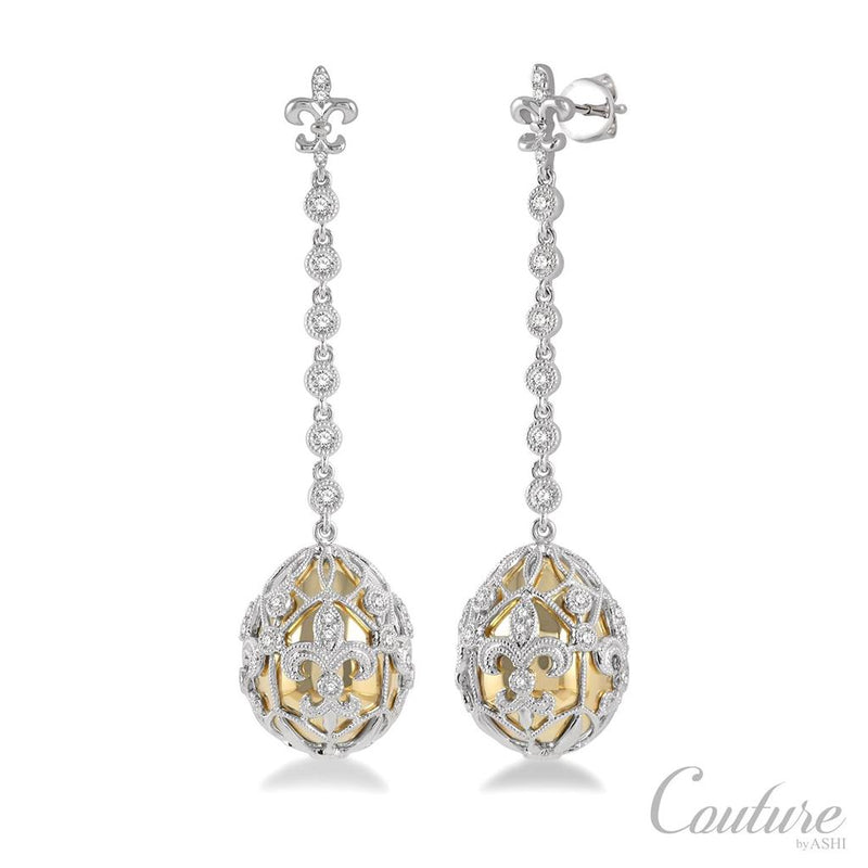 Davis Classics 18k Yellow and White Gold Couture Czarina Vintage Caged Egg Diamond Drop Earrings