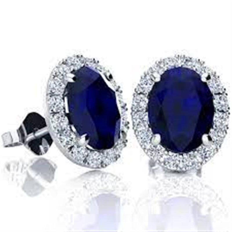 Davis Classics 18k White Gold Oval Halo Sapphire and Diamond Stud Earrings