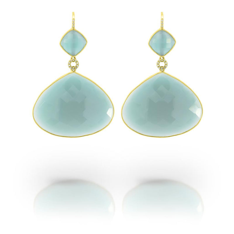 Davis Classics 14k Yellow Gold Vintage-Style Aqua Chalcedony and Diamond Dangle Earrings