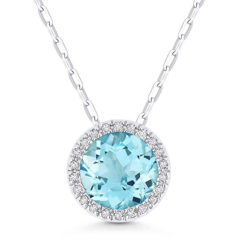 Madison L 14k White Gold Halo Pendant with Blue Topaz