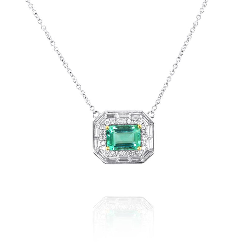 Yael 18k White and Yellow Gold Diamond by the Yard Colombian Emerald Double Halo Pendant Necklace