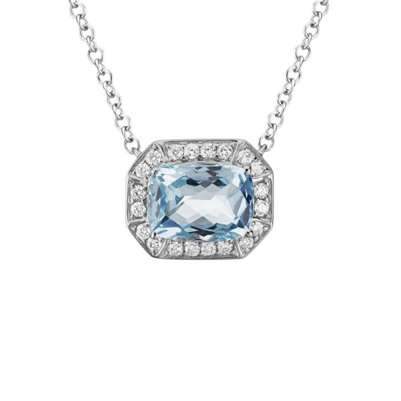 Davis Classics 14k White Gold Aquamarine and Diamond Halo Pendant Necklace