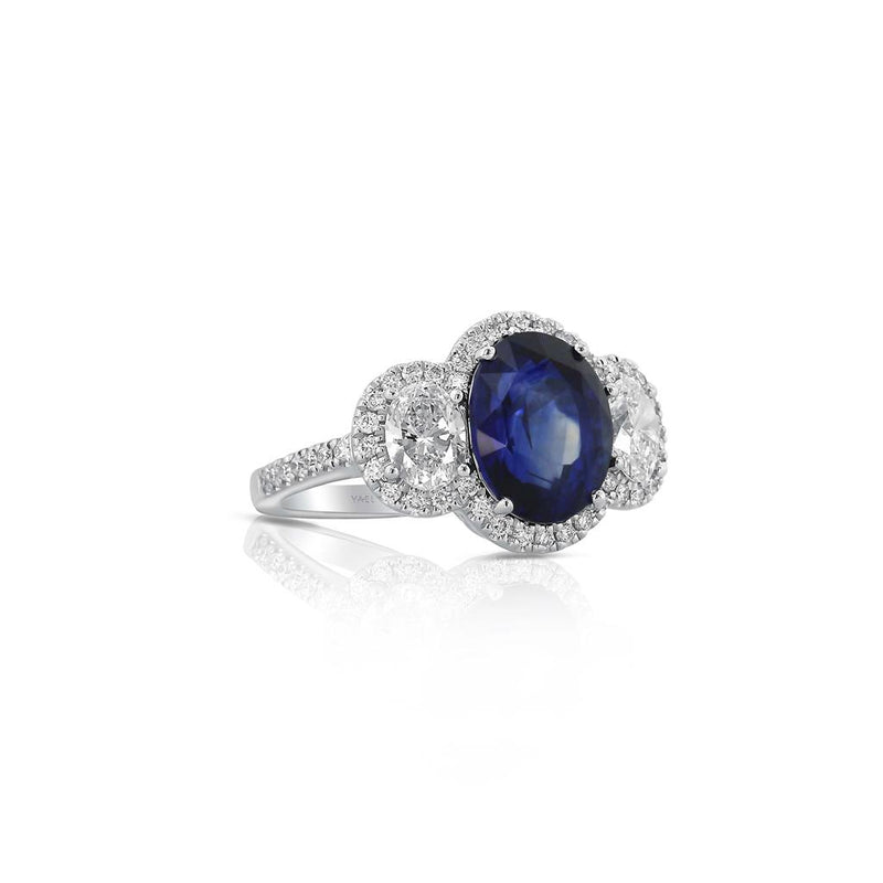 Yael Designs Platinum Blue Sapphire and Diamond Three-Stone Halo Ring