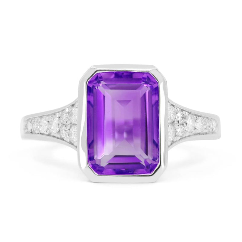 Madison L 14k White Gold Essentials Collection Emerald-Cut Amethyst and Diamond Fashion Ring