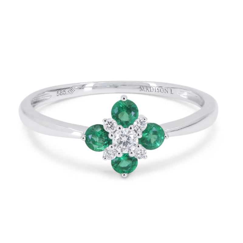 Madison L 14k White Gold Floral Design Emerald and Diamond Ring