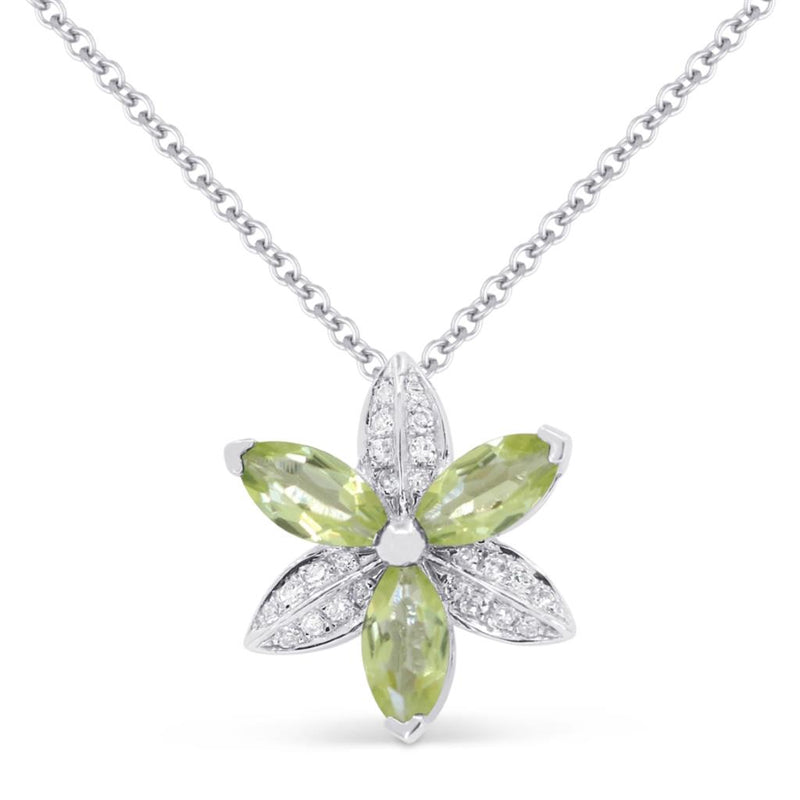 Madison L 14k White Gold Floral Design Peridot and Diamond Pendant Necklace