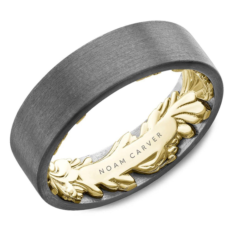 Noam Carver Grey Tantalum 6.5mm Comfort Fit Wedding Band with Sandpaper Finish and 14k Yellow Gold Leaf Pattern Interior