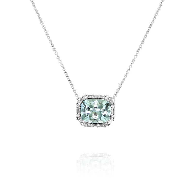 Yael 18k White Gold East-West Aquamarine and Diamond Halo Pendant Necklace