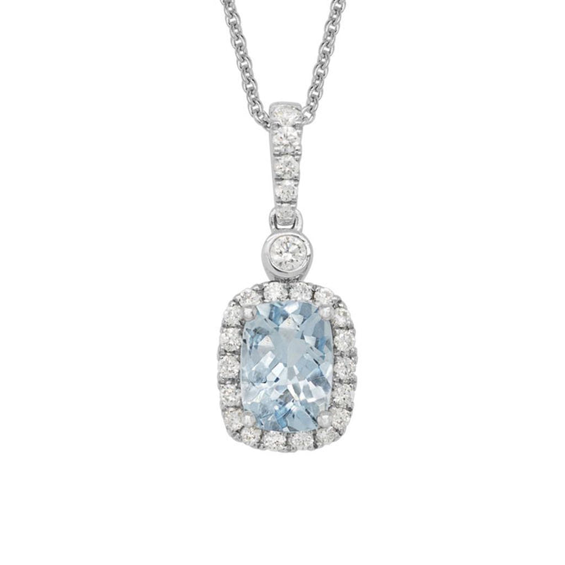 Davis Classics 14k White Gold Aquamarine and Diamond Halo Drop Pendant Necklace