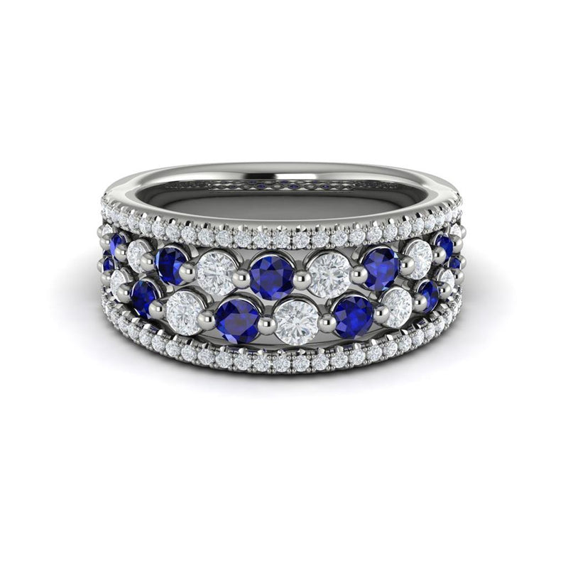 Vlora 14k White Gold Adella Color Collection Checkerboard Design Wide Sapphire and Diamond Fashion Band