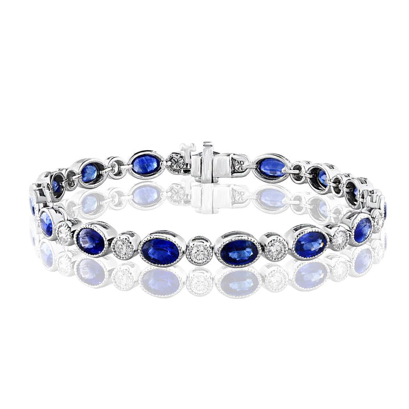 Davis Classics 14k White Gold Vintage Ceylon Blue Sapphire and Diamond Tennis Bracelet