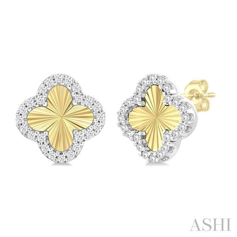 Davis Classics 14k Yellow and White Gold Diamond Halo Fluted Clover Stud Earrings