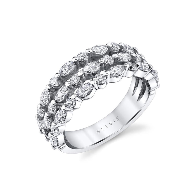 Sylvie Women's 14k White Gold Open Three-Row Diamond Wedding Band with Round and Marquise Diamonds