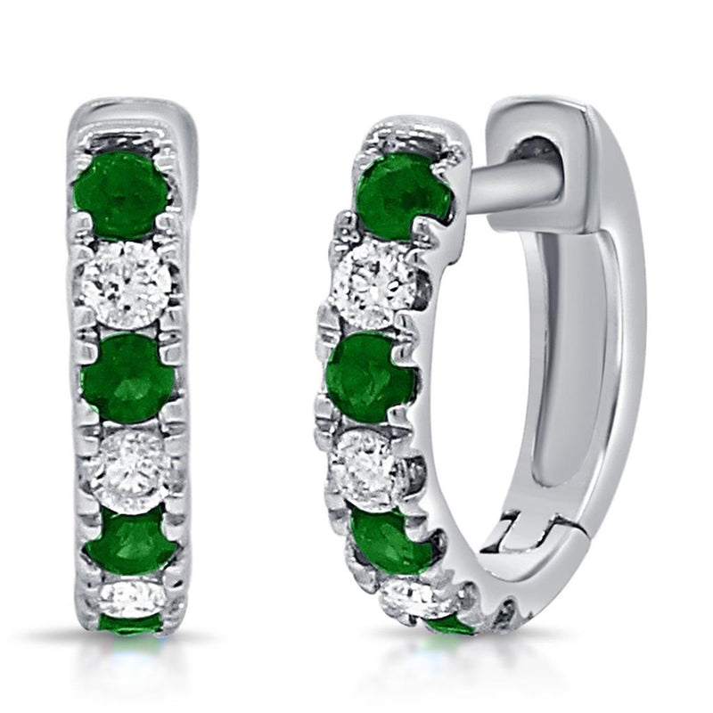 Davis Classics Emeralds and Diamonds Huggie Hoop Earrings in 14k White Gold