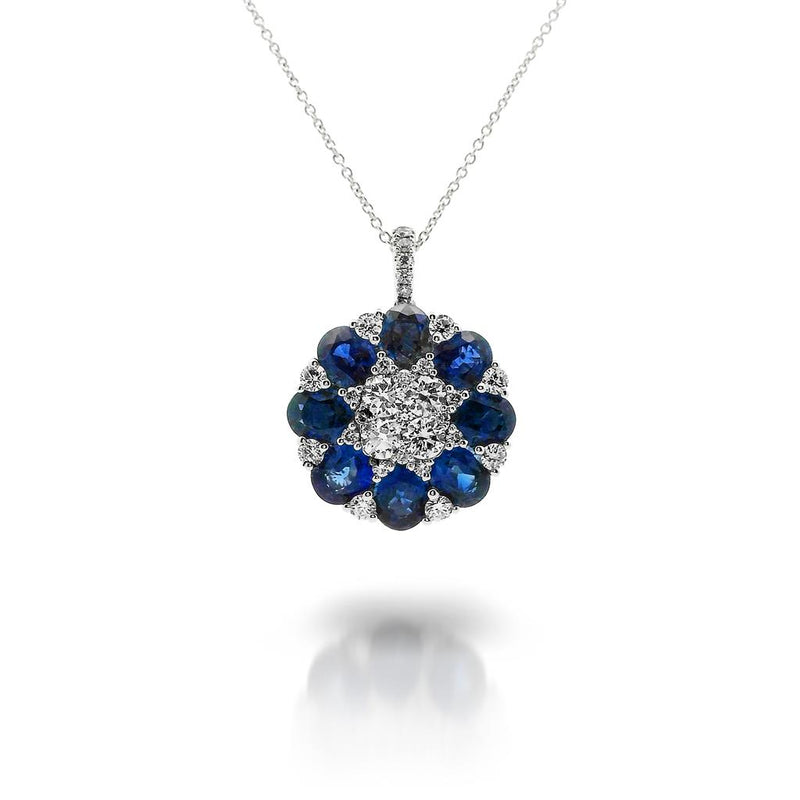 Madison L 14k White Gold Floral Design Blue Sapphire and Diamond Pendant