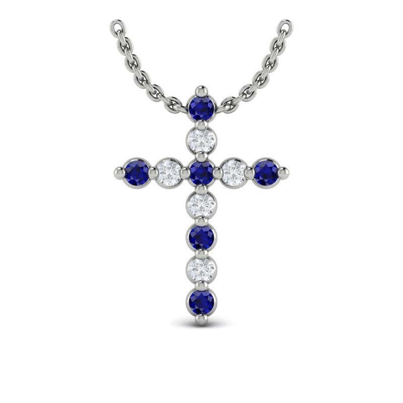 Vlora 14k White Gold Adella Color Collection Sapphire and Diamond Cross Pendant Necklace