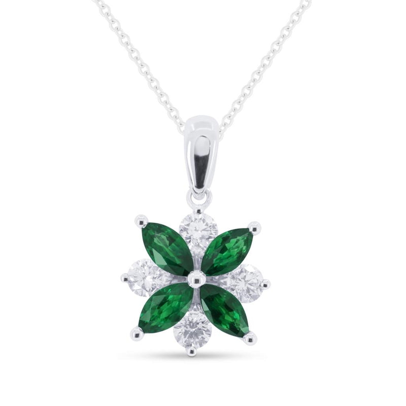 Madison L 14k White Gold Floral Design Genuine Emerald and Diamond Pendant