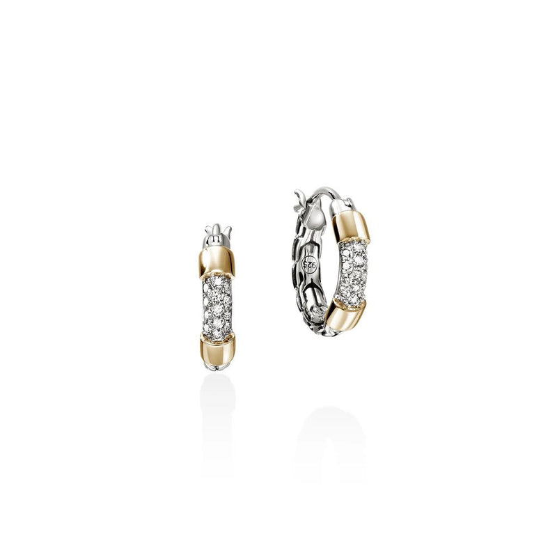 John Hardy 14k Yellow Gold and Sterling Silver Essential Pave Diamond Hoop Earrings