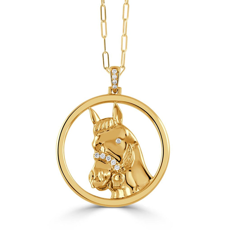 Doves 18k Yellow Gold Equestrian Collection Horse Head Circle Diamond Pendant