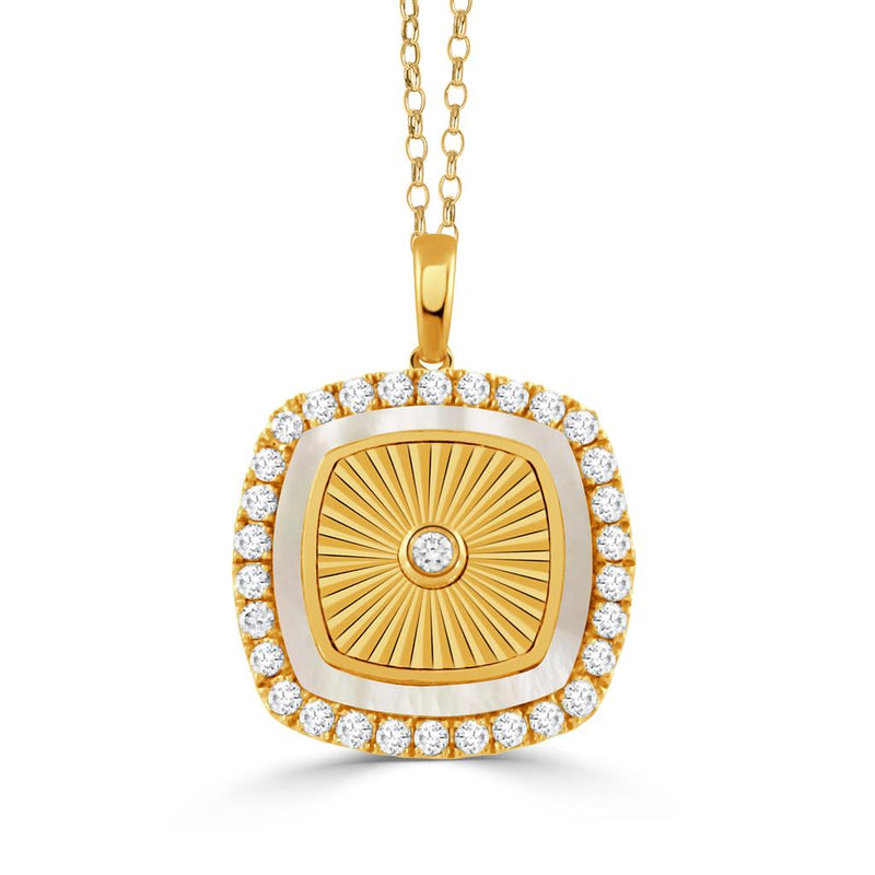 Doves 18k Yellow Gold Helios Collection Sunburst Mother of Pearl Diamond Halo Pendant