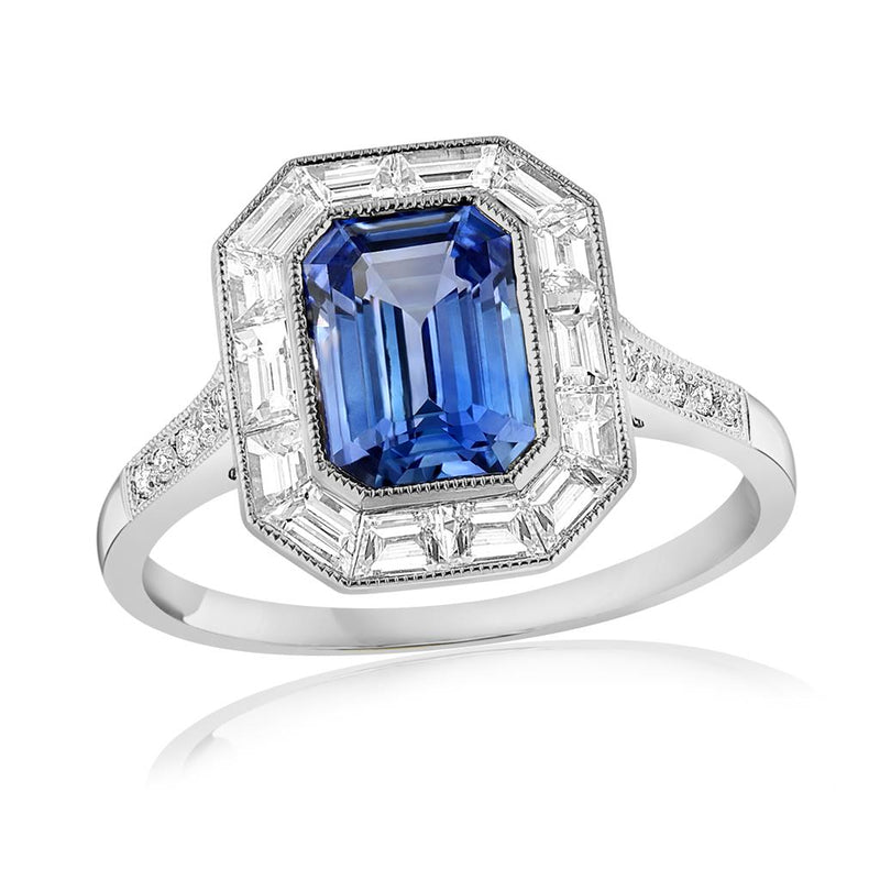 Davis Classics Sapphire and Diamonds Halo Fashion Ring in Platinum