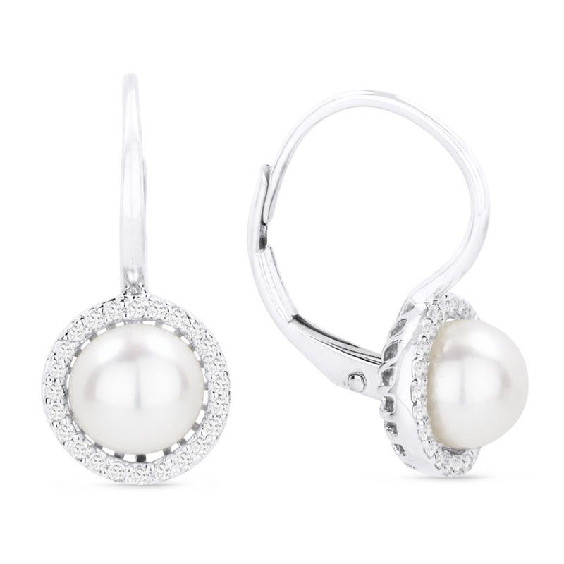 Madison L 14k White Gold Halo Design Pearl Drop Earrings