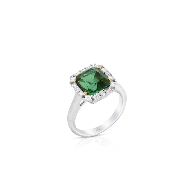 Yael Designs 18k White and Rose Gold Green Tourmaline and Diamond Halo Fashion Ring