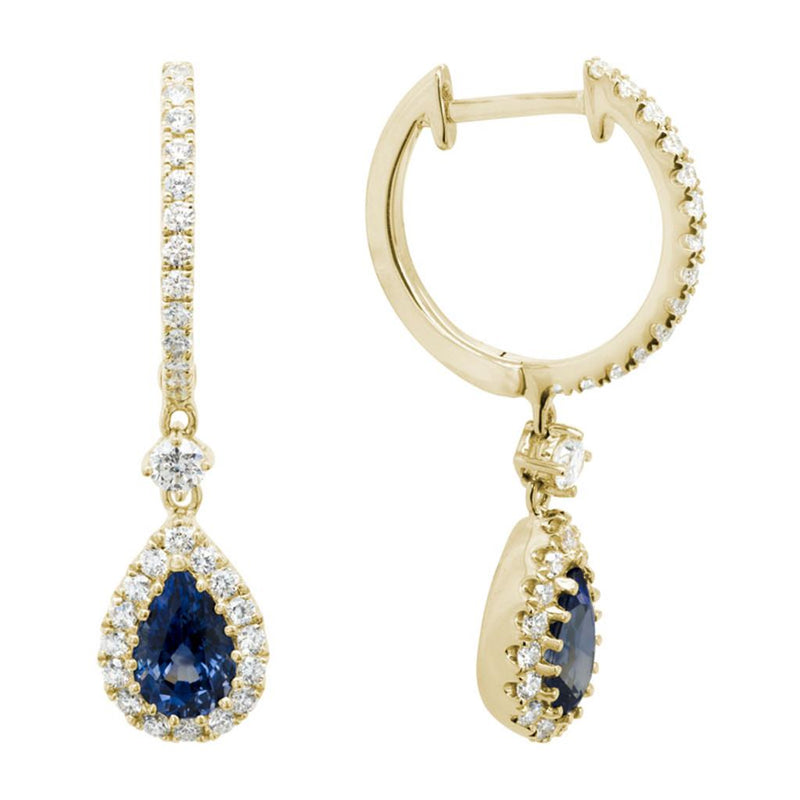 Davis Classics 14k Yellow Gold Blue Sapphire and Diamond Halo Drop Huggie Hoop Earrings