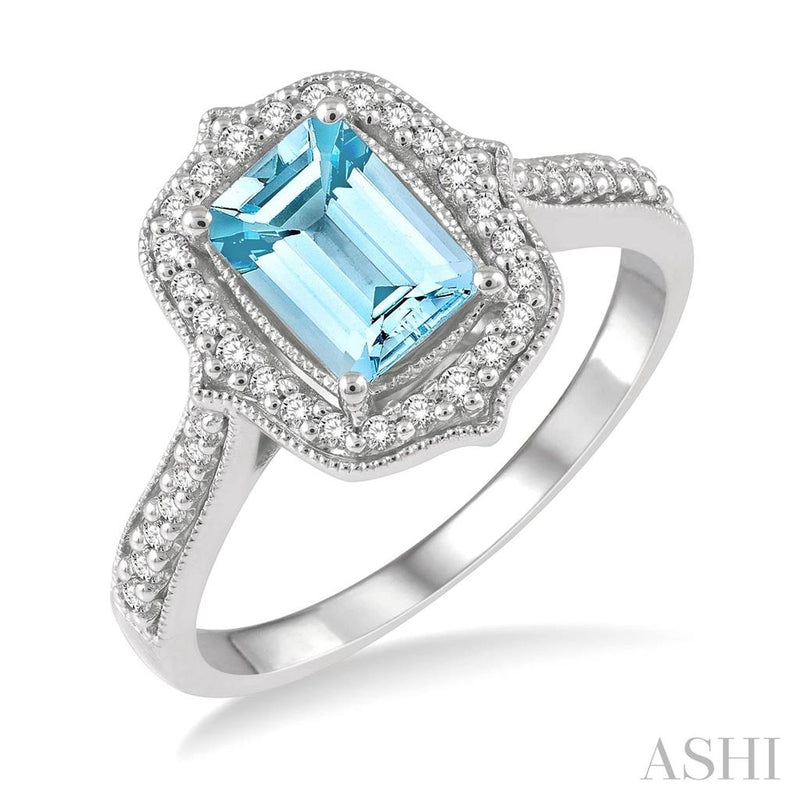 Davis Classics 14k White Gold Vintage Halo Aquamarine and Diamond Fashion Ring