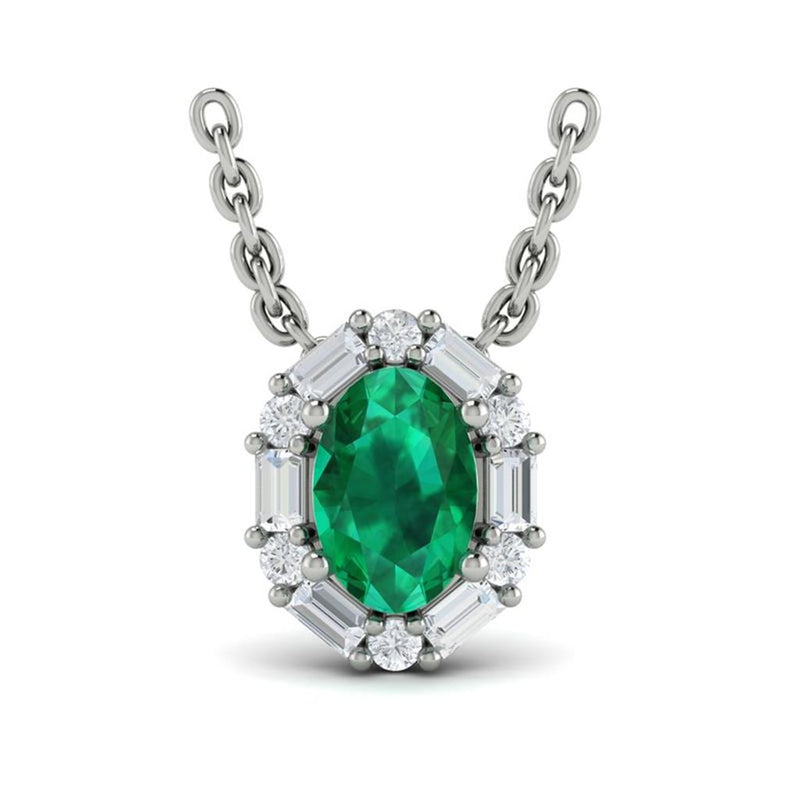 Vlora 14k White Gold Adella Color Collection Halo Design Emerald and Diamond Pendant Necklace